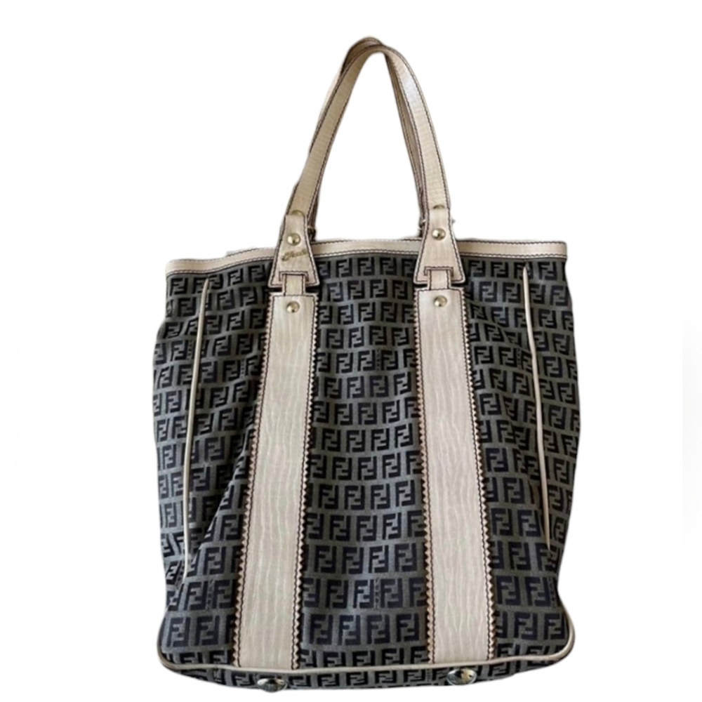 Fendi Zucchino Canvas Leather Tote Bag